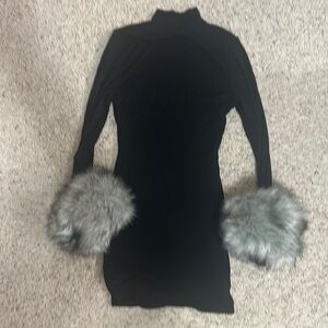 Windsor ribbed black turtleneck long sleeve mini dress with furry sleeves